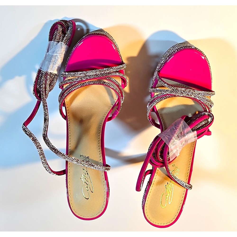 Cathy Jean Hot Pink Synthetic Rhinestone Strappy Platform Open Toe Lace Up 10